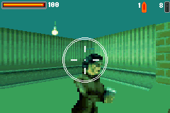 Ecks vs. Sever (Game Boy Advance) screenshot: Looking at Sever through the rifle scope. She can kill Eck with a few grenade throws