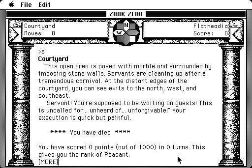 Zork Zero: The Revenge of Megaboz (Macintosh) screenshot: One move and i died