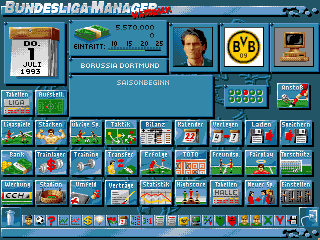 Football Limited (Amiga) screenshot: Main panel. Each of the icons can be removed from the screen and can be easily put anywhere else