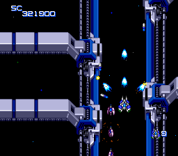 Nexzr (TurboGrafx CD) screenshot: Don't bump into walls, and shoot obstacles on your way