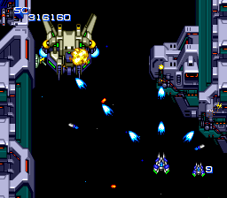 Nexzr (TurboGrafx CD) screenshot: Don't shoot at me diagonally. It's not polite. Didn't your Mom teach you anything?.. .... err, actually I'm the one who is shooting diagonally. Sorry. Hehe.