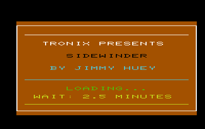 Sidewinder (VIC-20) screenshot: The game is kind enough to tell you how long the loading time is