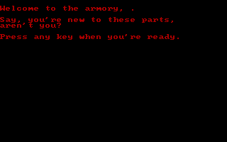 Cavequest (DOS) screenshot: Welcome to the armory
