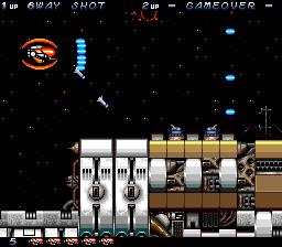 Legion (TurboGrafx CD) screenshot: Shield and fully powered-up laser. Ahh, life is good. Those turrets don't stand a chance