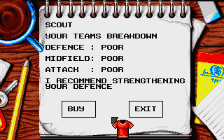World Soccer (Atari ST) screenshot: The scout menu