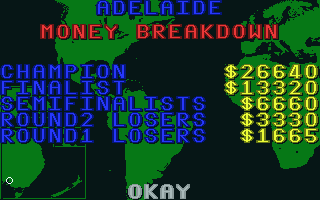 International 3D Tennis (Atari ST) screenshot: How much will I earn?