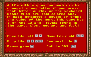 Wordtris (DOS) screenshot: Usage - Demo version