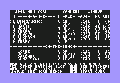 MicroLeague Baseball (Commodore 64) screenshot: You control batting order roster as well