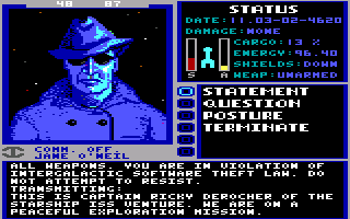 Starflight (DOS) screenshot: Fail to enter the copy protection code correctly and you'll end up with a visit from the Copy Protection Police! (EGA/Tandy)