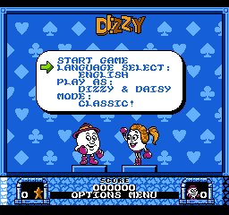 Wonderland Dizzy (NES) screenshot: Options menu