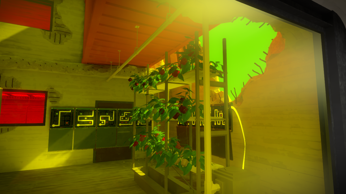 The Witness (Windows) screenshot: The greenhouse (aka bunker) - a series of puzzles with clever use of color.