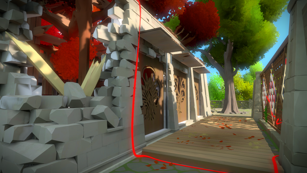 The Witness (Windows) screenshot: The monastery - an example of puzzles which use parts of the scenery to help determine the solution.
