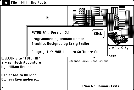 Futuria (Macintosh) screenshot: Game start and credits