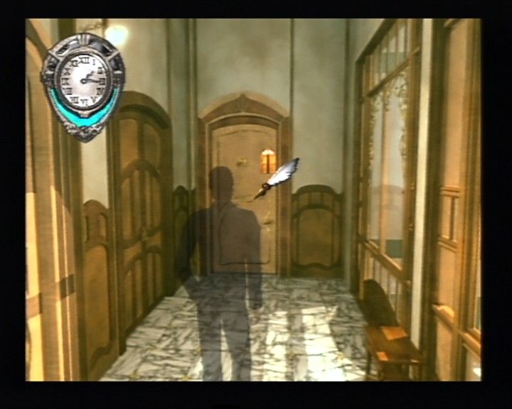 Glass Rose (PlayStation 2) screenshot: Your character becomes transparent when you roll mouse cursor over him, as well as clock shifts to opposite side if necessary to give you clear shot for your point of interest.