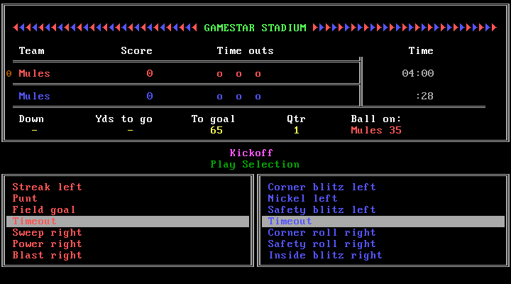 GFL Championship Football (DOS) screenshot: Play Selection - Kick Off