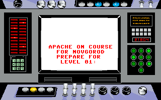 Apache Strike (DOS) screenshot: Apache on Course for Novgorod Prepare for Level 01 (MCGA/VGA)