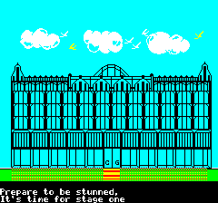 Trouble in Store (Oric) screenshot: Here's the big department store, Harridges