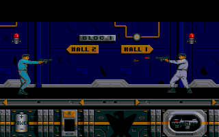 Golden Eagle (Atari ST) screenshot: Shooting in the corridor