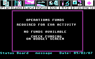 Project: Space Station (DOS) screenshot: No Funds available