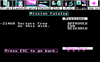 Project: Space Station (DOS) screenshot: Mission Catalog