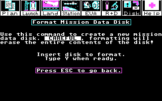 Project: Space Station (DOS) screenshot: Format Mission Data Disk
