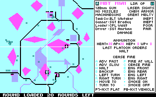 M1 Tank Platoon (DOS) screenshot: Mapboard with Vehicle Data Window (CGA)
