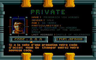 Golden Eagle (Atari ST) screenshot: "Doc Check" was passed for the terminal access (in French)
