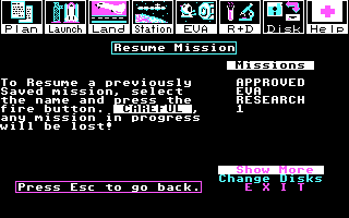 Project: Space Station (DOS) screenshot: Resume Mission