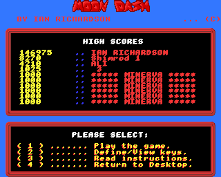 Bug Hunter / Moon Dash (Acorn 32-bit) screenshot: Main menu (Moon Dash)