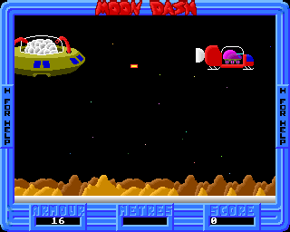 Bug Hunter / Moon Dash (Acorn 32-bit) screenshot: Starts out with being shot down (Moon Dash)
