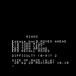 Minos (Ohio Scientific) screenshot: Title screen with controls and setup