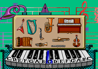 Tails and the Music Maker (SEGA Pico) screenshot: "Sound Studio" Free play the piano, click on instruments to hear tunes.