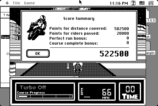 Super Hang-On (Macintosh) screenshot: Score summary - 1bit mode