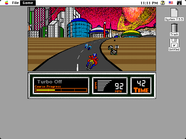 Super Hang-On (Macintosh) screenshot: Future city background - 4bit mode