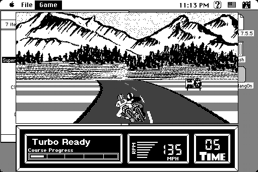 Super Hang-On (Macintosh) screenshot: Mountains background - 1bit mode