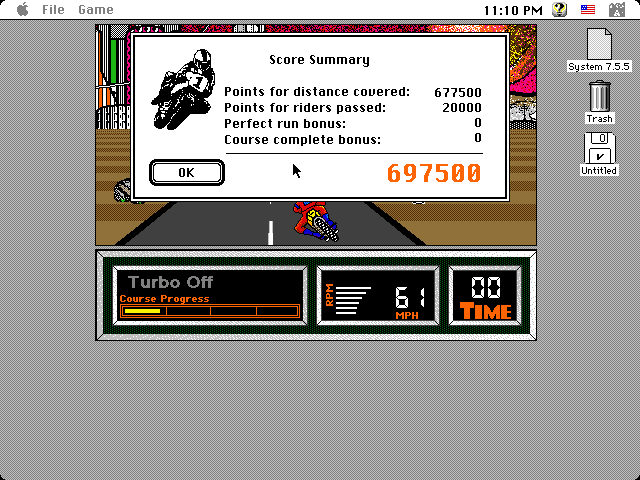 Super Hang-On (Macintosh) screenshot: Score summary - 4bit mode