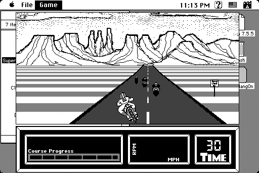 Super Hang-On (Macintosh) screenshot: Desert background - 1bit mode