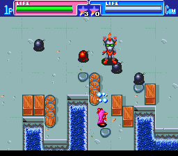 Travel Epule (TurboGrafx CD) screenshot: Harbor battle against a fire-breathing dragon. Use your newly found ice magic!