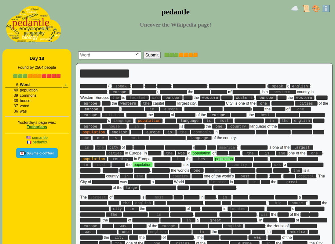 Pedantle (Browser) screenshot: Guessing my way through today's entry. The word "population" appears several times, and there are "population"-related words marked, too.