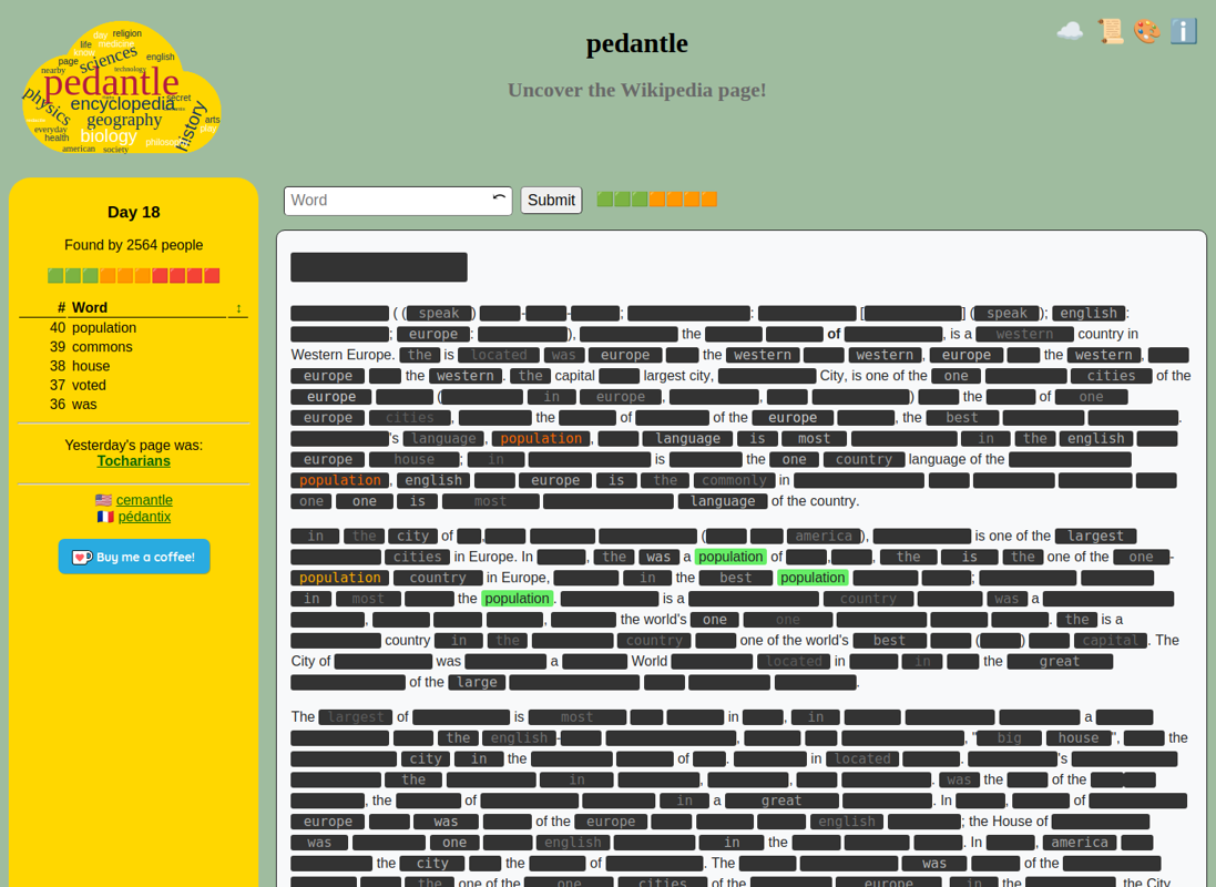 Screenshot of Pedantle (Browser, 2022) MobyGames