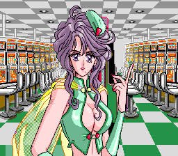 CD Pachisuro Bishōjo Gambler (TurboGrafx CD) screenshot: ...and you are greeted by this... err... interestingly dressed young woman