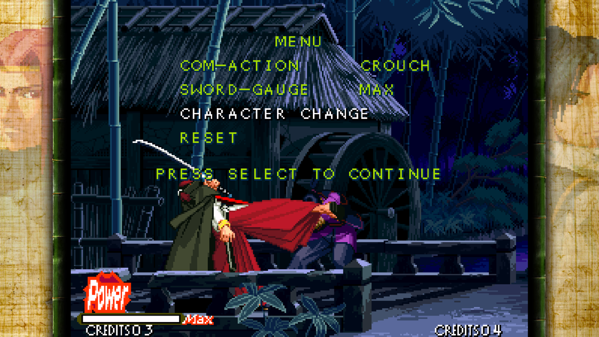 The Last Blade (Windows) screenshot: The Windows port of the game includes the training mode from the original Neo Geo console release, and allows you to modify