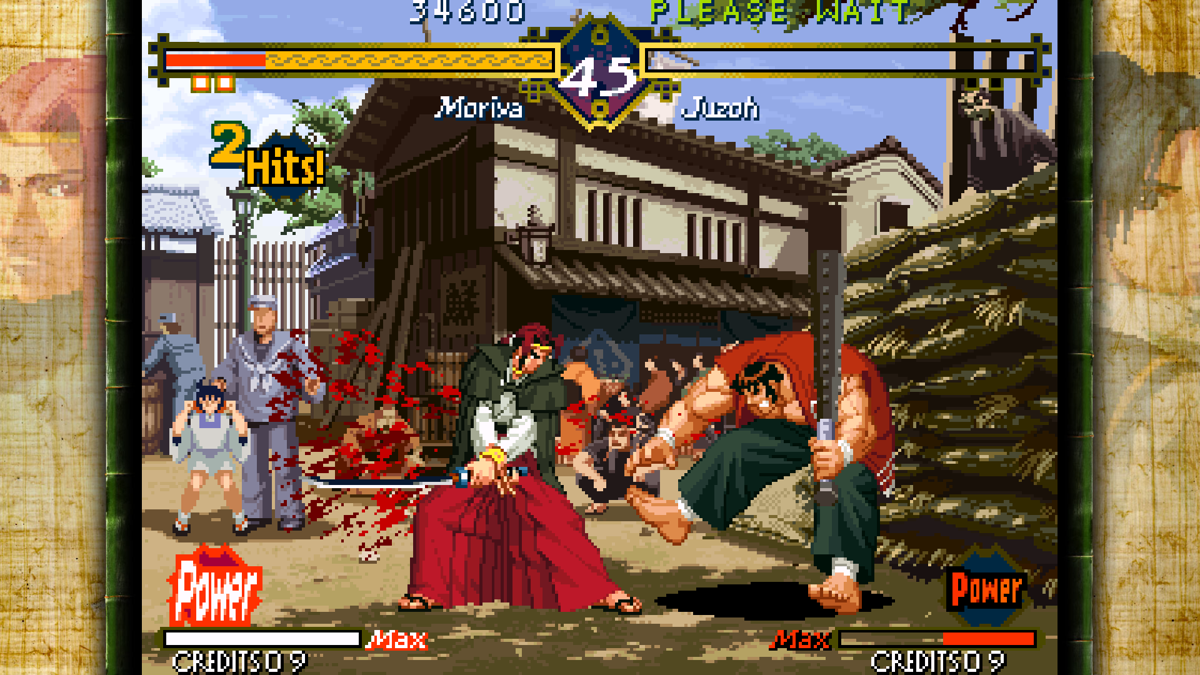 The Last Blade (Windows) screenshot: Characters can be killed at the end of the match if the final attack fulfills specific criteria. This causes a special blood animation to pop up, before the enemy collapses and dies.