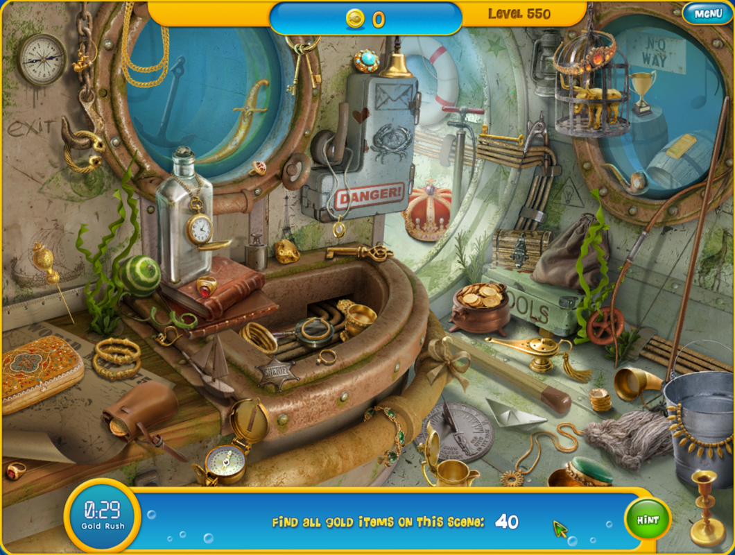 Aquascapes (Windows) screenshot: This background does appear in other types of levels, but again the "Gold Rush" items look best, particularly this decorative etui on the very left.