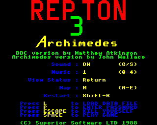 Repton 3 (Acorn 32-bit) screenshot: Menu