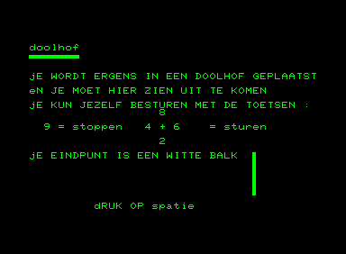 Doolhof (Commodore PET/CBM) screenshot: Instructions