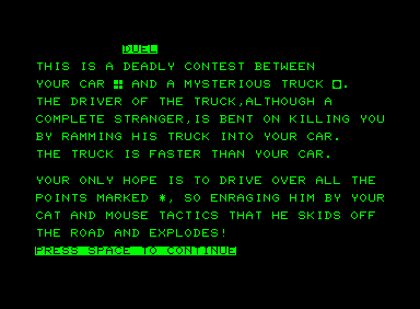 Duel (Commodore PET/CBM) screenshot: Instructions