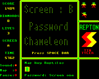 Repton (Electron) screenshot: Level completed - getting the password for the next