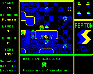 Repton (Electron) screenshot: Being chased by a reptile monster