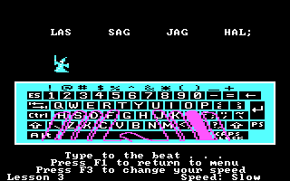 MasterType (PC Booter) screenshot: Typing to the beat (CGA with RGB monitor)